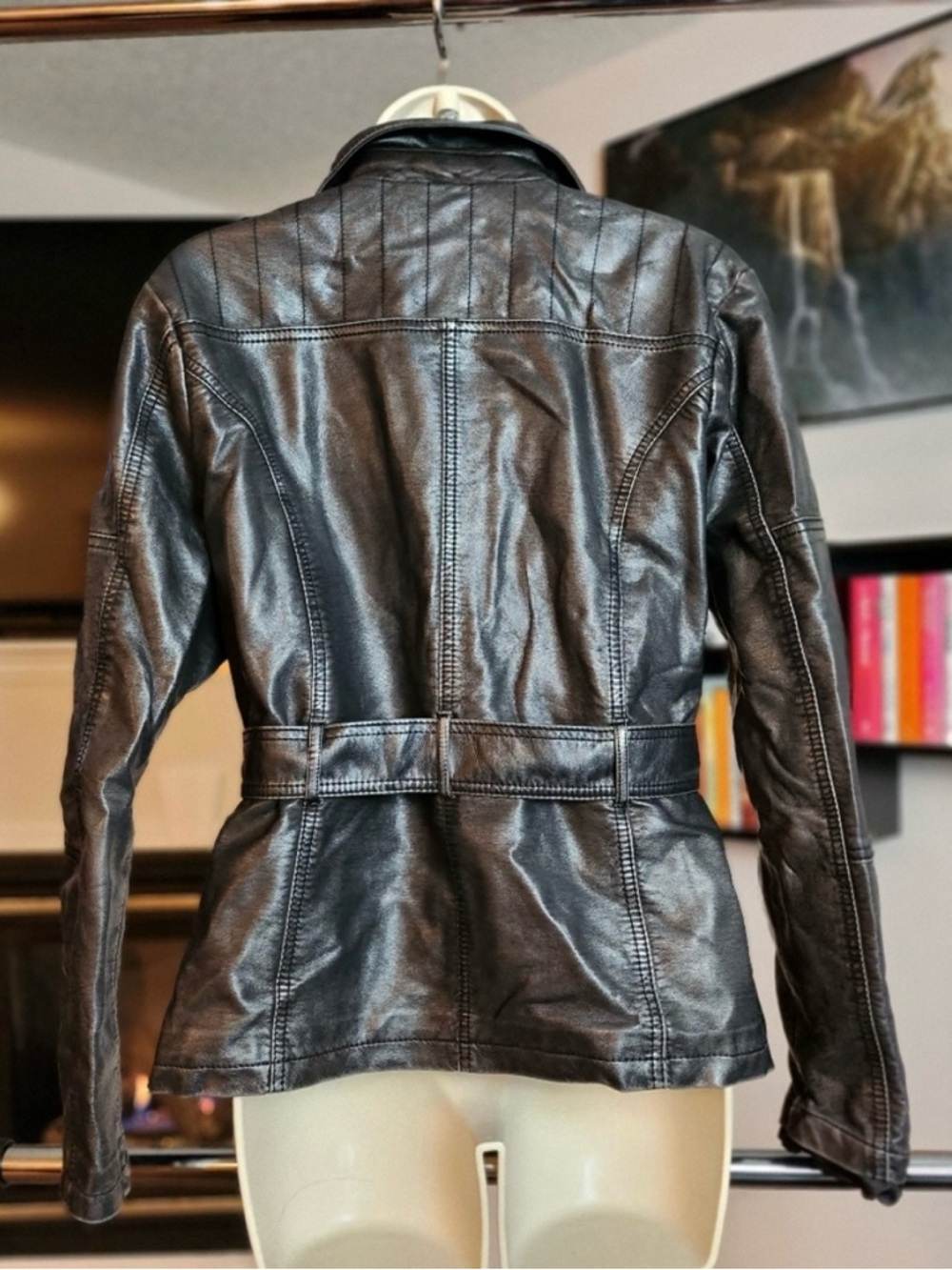 🛍️ $13 ADD-ON | Black & Silver Faux Leather Belted Button Zipper Jacket George - Picture 15 of 16